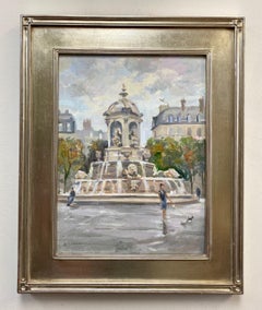 Strolling by the Fountain, original French Impressionist landscape