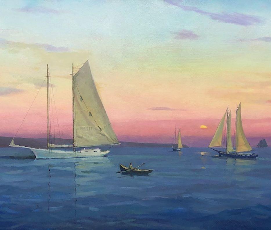 Sundown at Sea, 24x48 original impressionist marine landscape - Painting by Leonard Mizerek