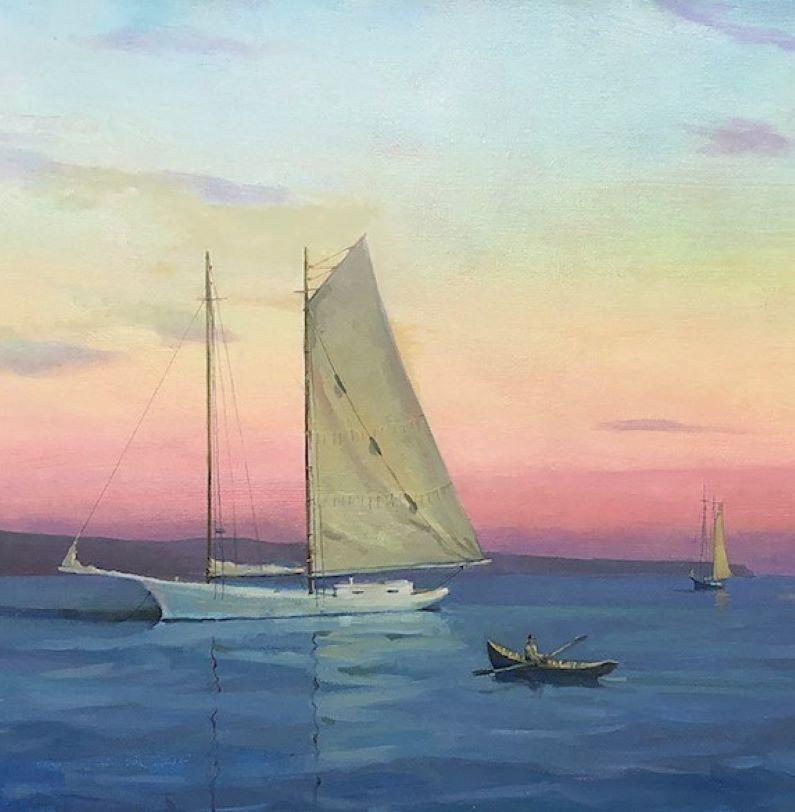 Sundown at Sea, 24x48 original impressionist marine landscape - Impressionist Painting by Leonard Mizerek