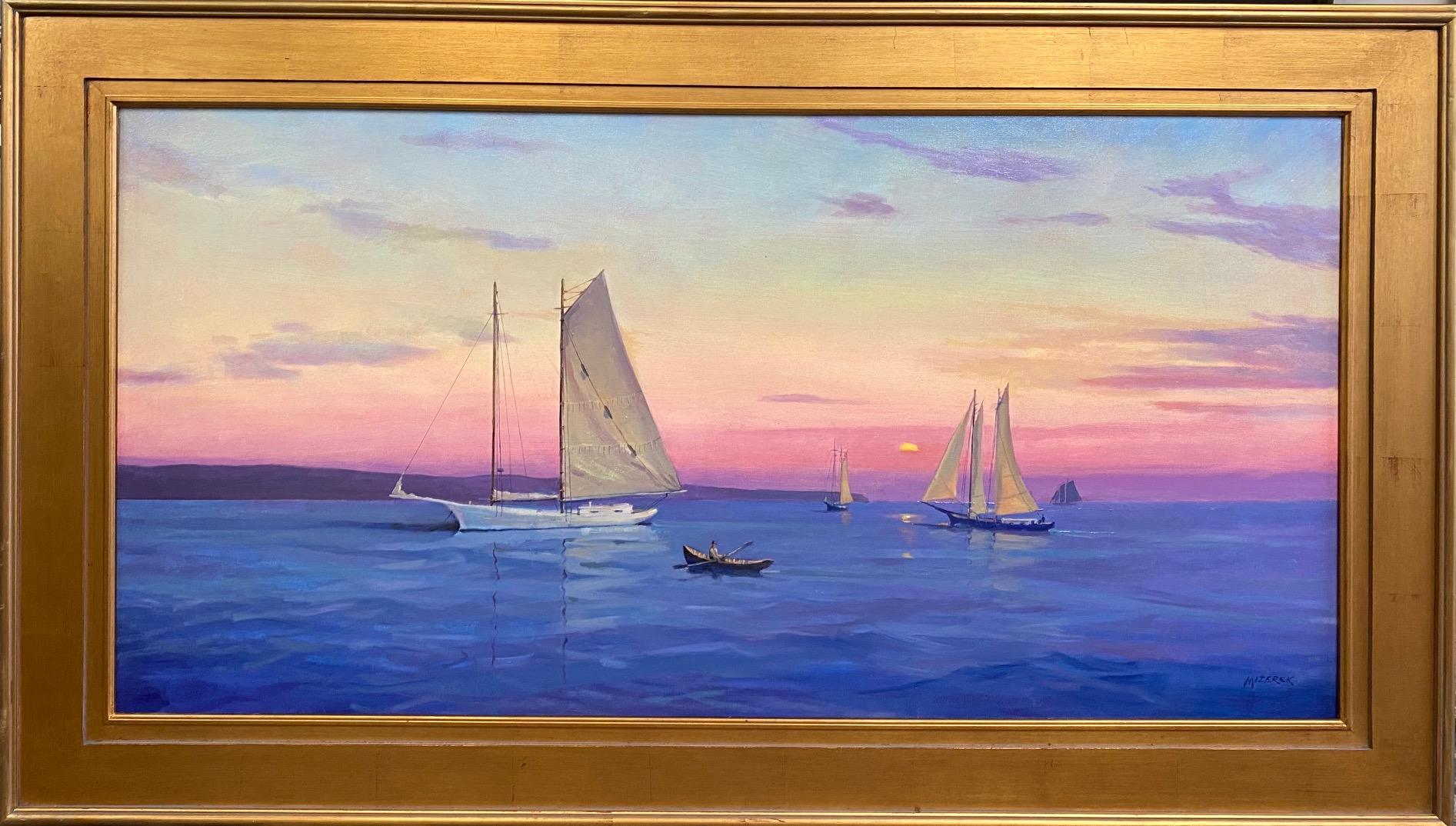 Leonard Mizerek Landscape Painting - Sundown at Sea, 24x48 original impressionist marine landscape