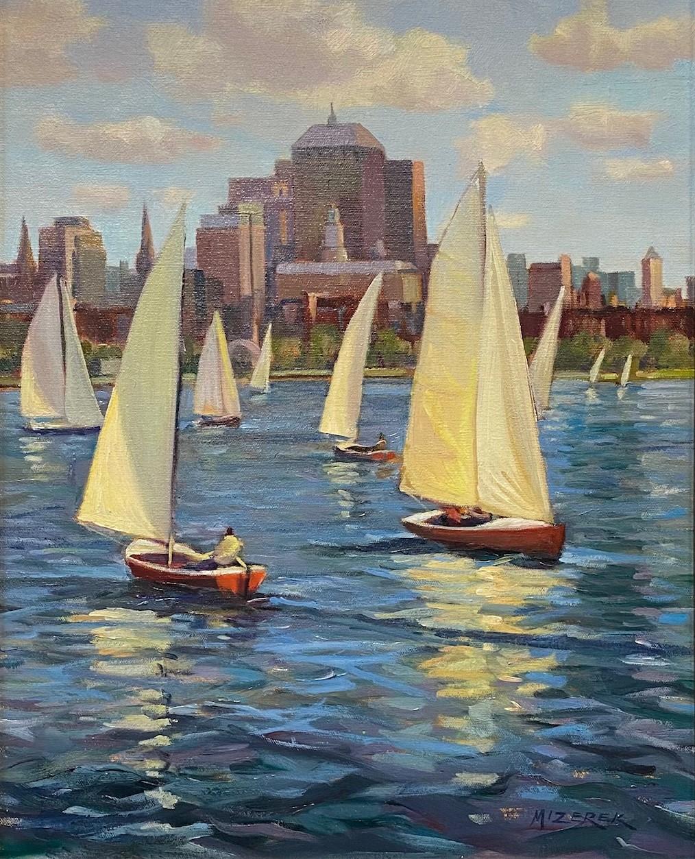 Sunny Sails, Boston, original impressionist marine landscape - Painting by Leonard Mizerek