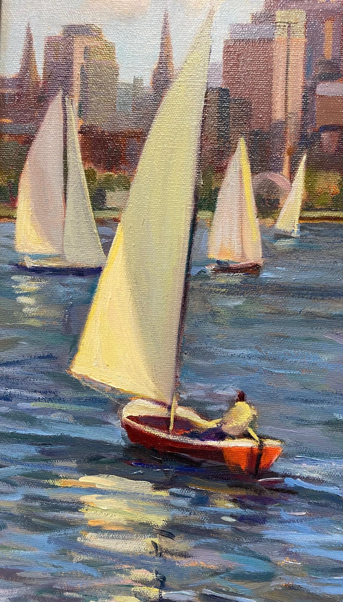 Sunny Sails, Boston, original impressionist marine landscape - Impressionist Painting by Leonard Mizerek