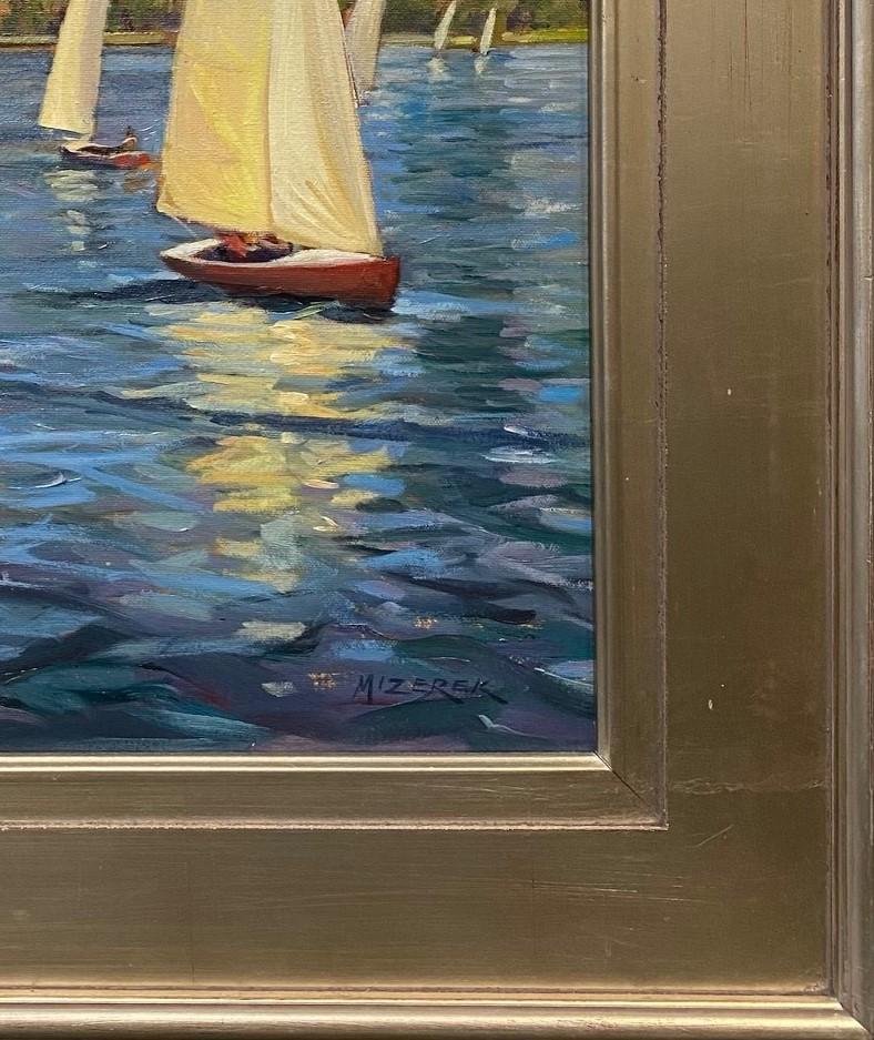 Sunny Sails, Boston, original impressionist marine landscape - Gray Landscape Painting by Leonard Mizerek
