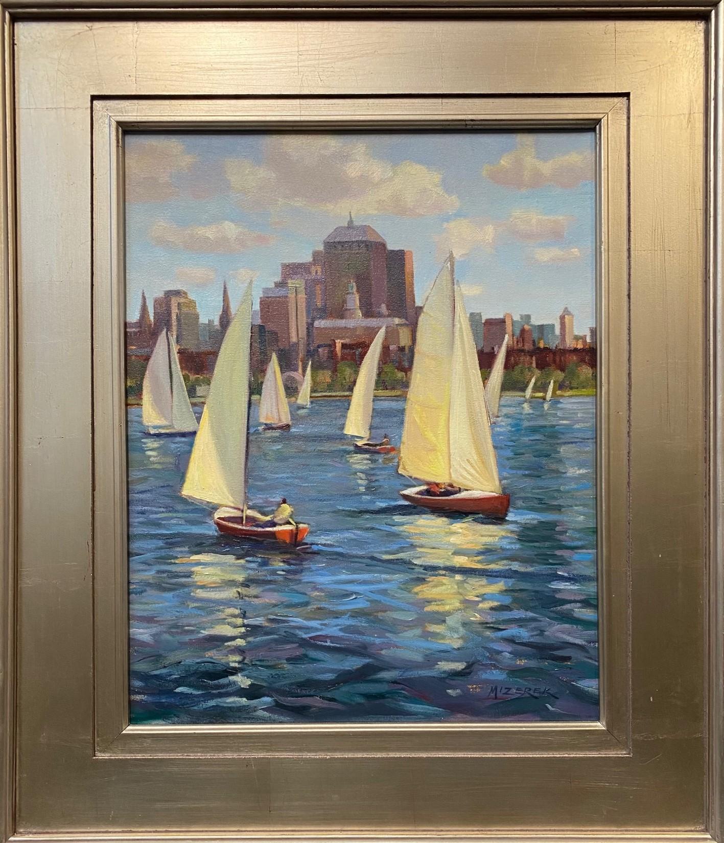 Leonard Mizerek Landscape Painting - Sunny Sails, Boston, original impressionist marine landscape
