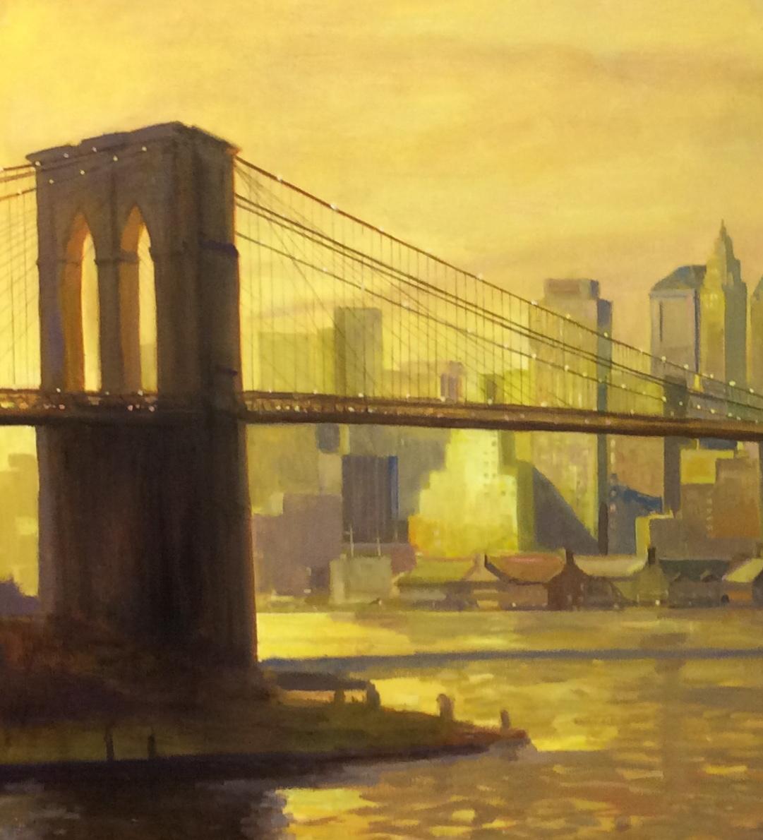 Sonnenuntergang an der Brooklyn Bridge, NYC Original 36x60 impressionistische Landschaft (Impressionismus), Painting, von Leonard Mizerek