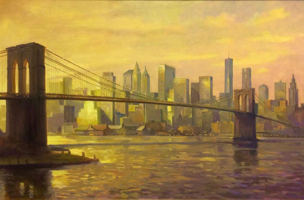 Sonnenuntergang an der Brooklyn Bridge, NYC Original 36x60 impressionistische Landschaft – Painting von Leonard Mizerek