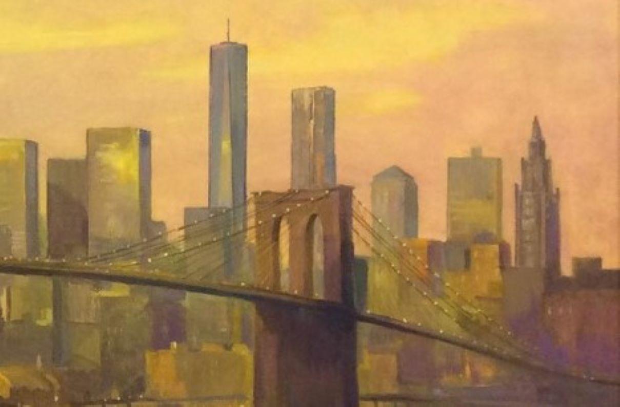 Sonnenuntergang an der Brooklyn Bridge, NYC Original 36x60 impressionistische Landschaft (Braun), Landscape Painting, von Leonard Mizerek