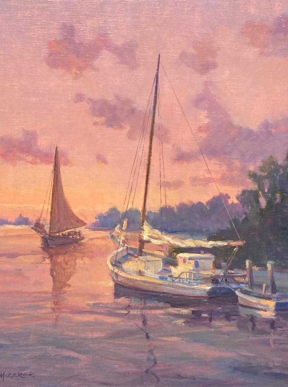 Sunset Returns, original marine landscape - Painting by Leonard Mizerek