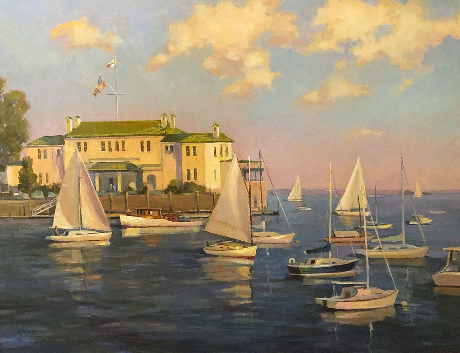 Leonard Mizerek Landscape Painting - Sunset Sail in the Harbor, Greenwich, CT