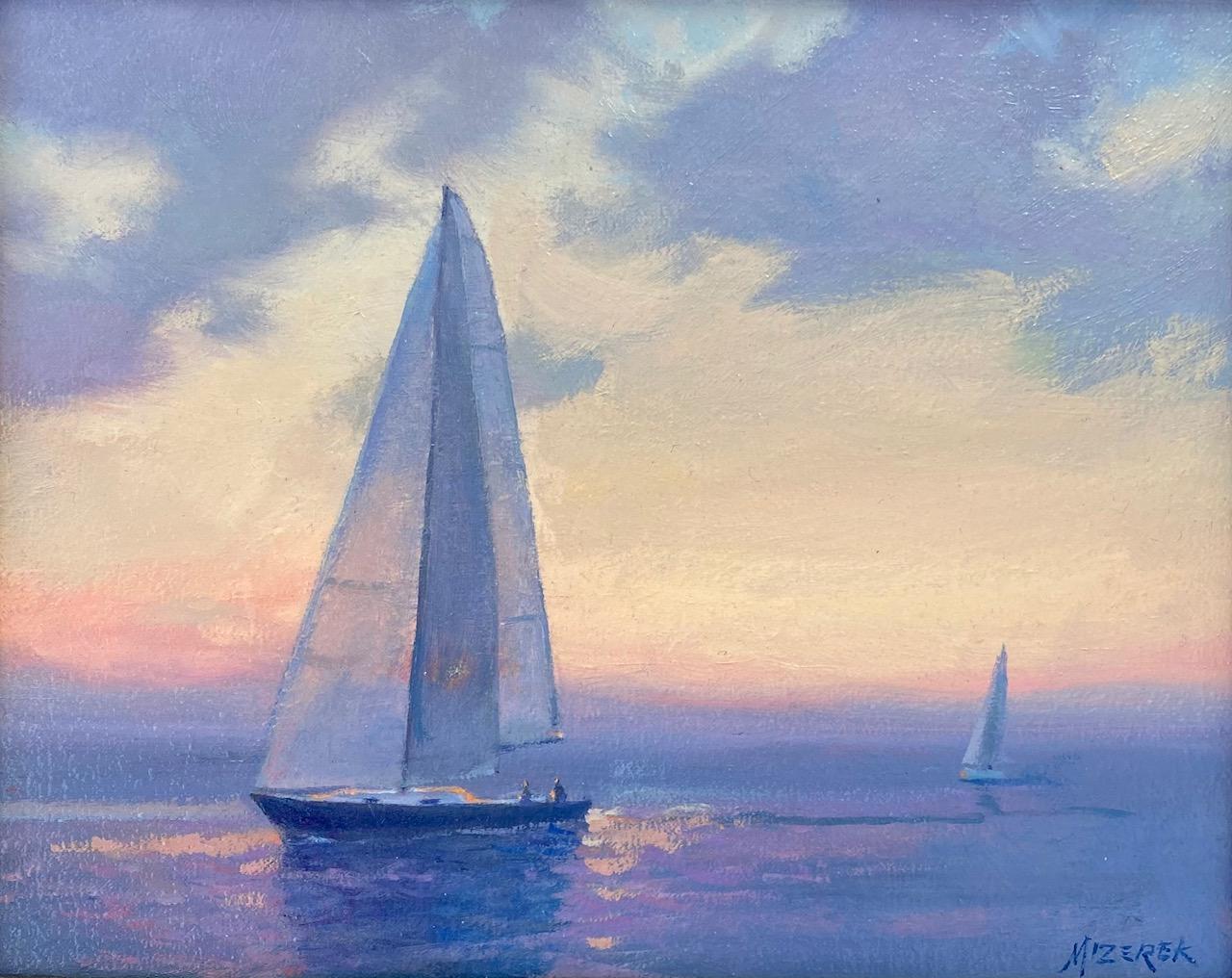 Sunset Sail, original marine landscape - Painting by Leonard Mizerek