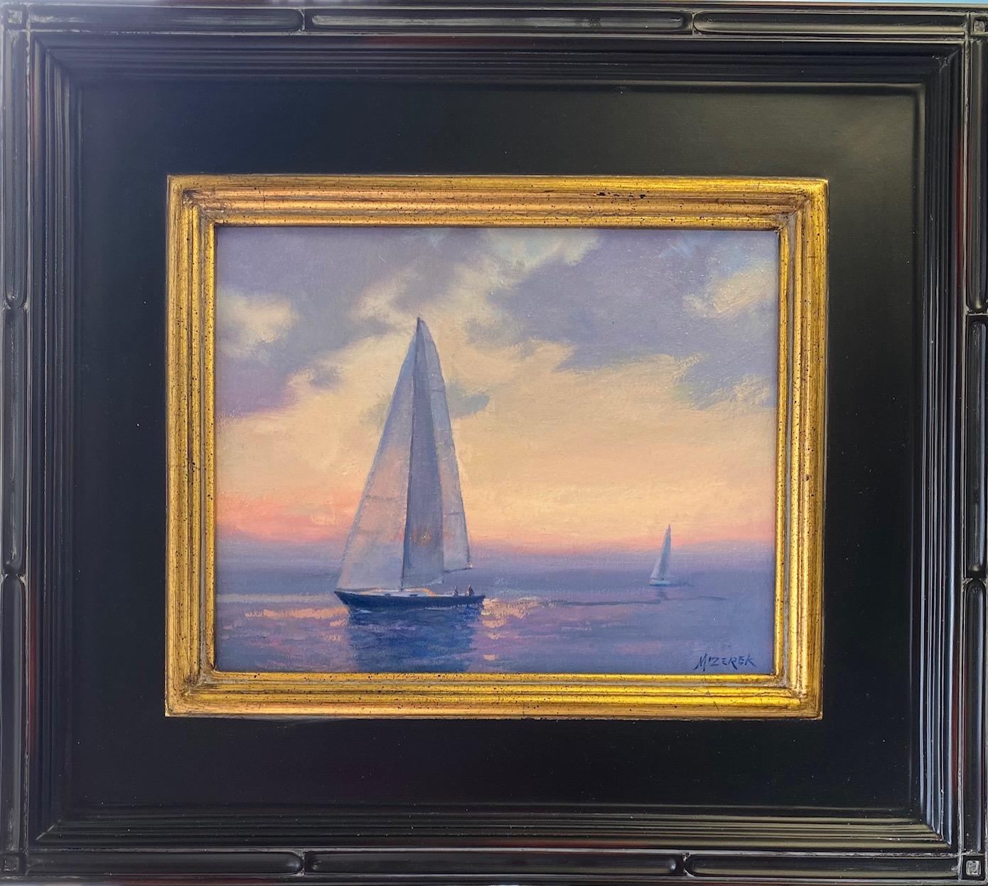 Leonard Mizerek Landscape Painting - Sunset Sail, original marine landscape