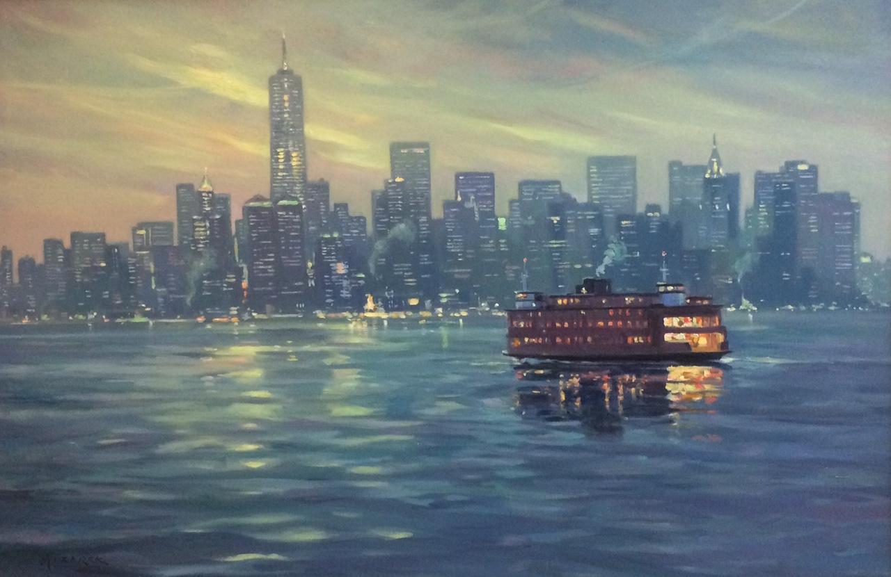 The Crossing, Staten Island Ferry NYC original 24x36 impressionist landscape - Painting by Leonard Mizerek