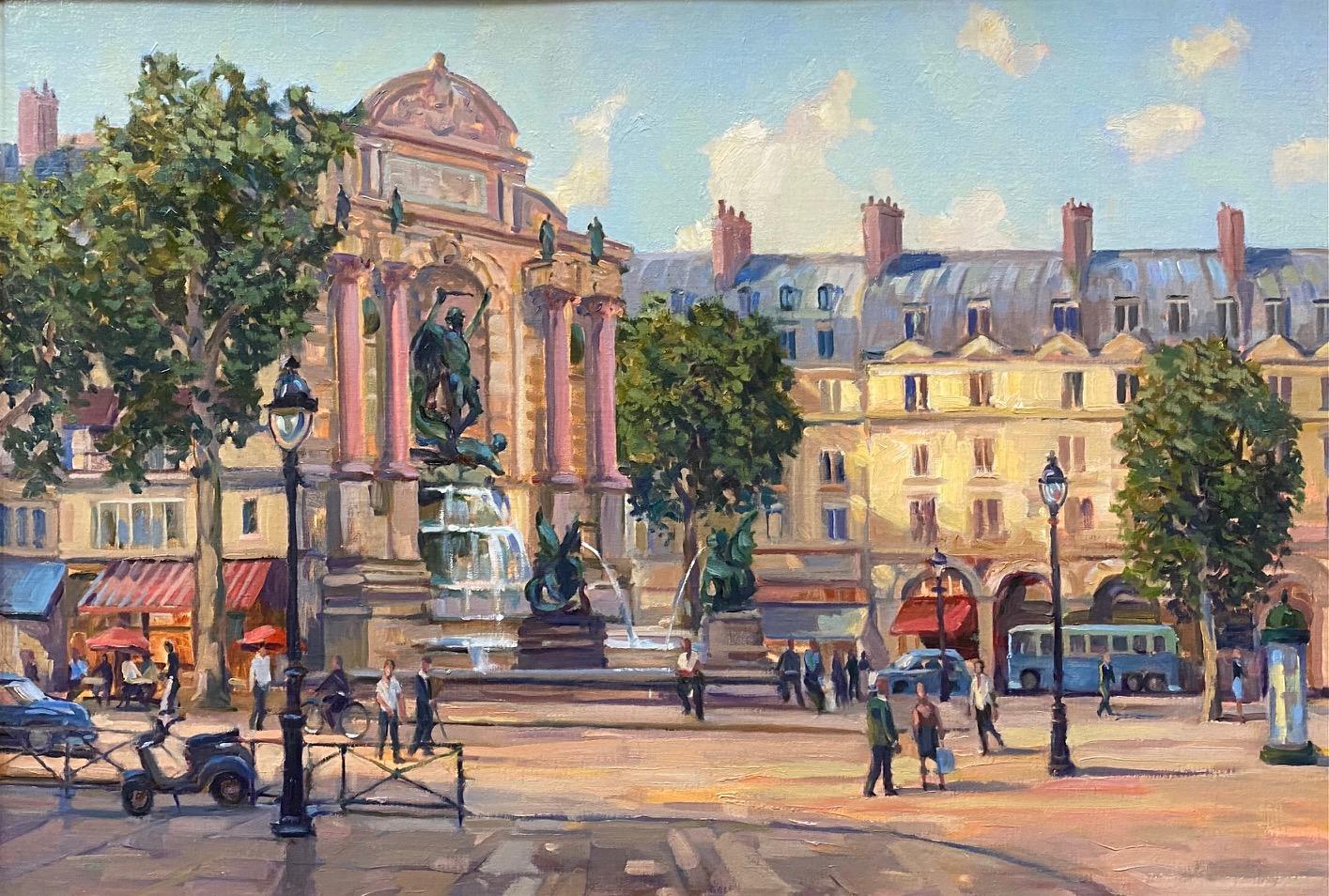 The Fountain at Place St. Michel, Paris, 24x35 original Impressionist landscape - Painting by Leonard Mizerek