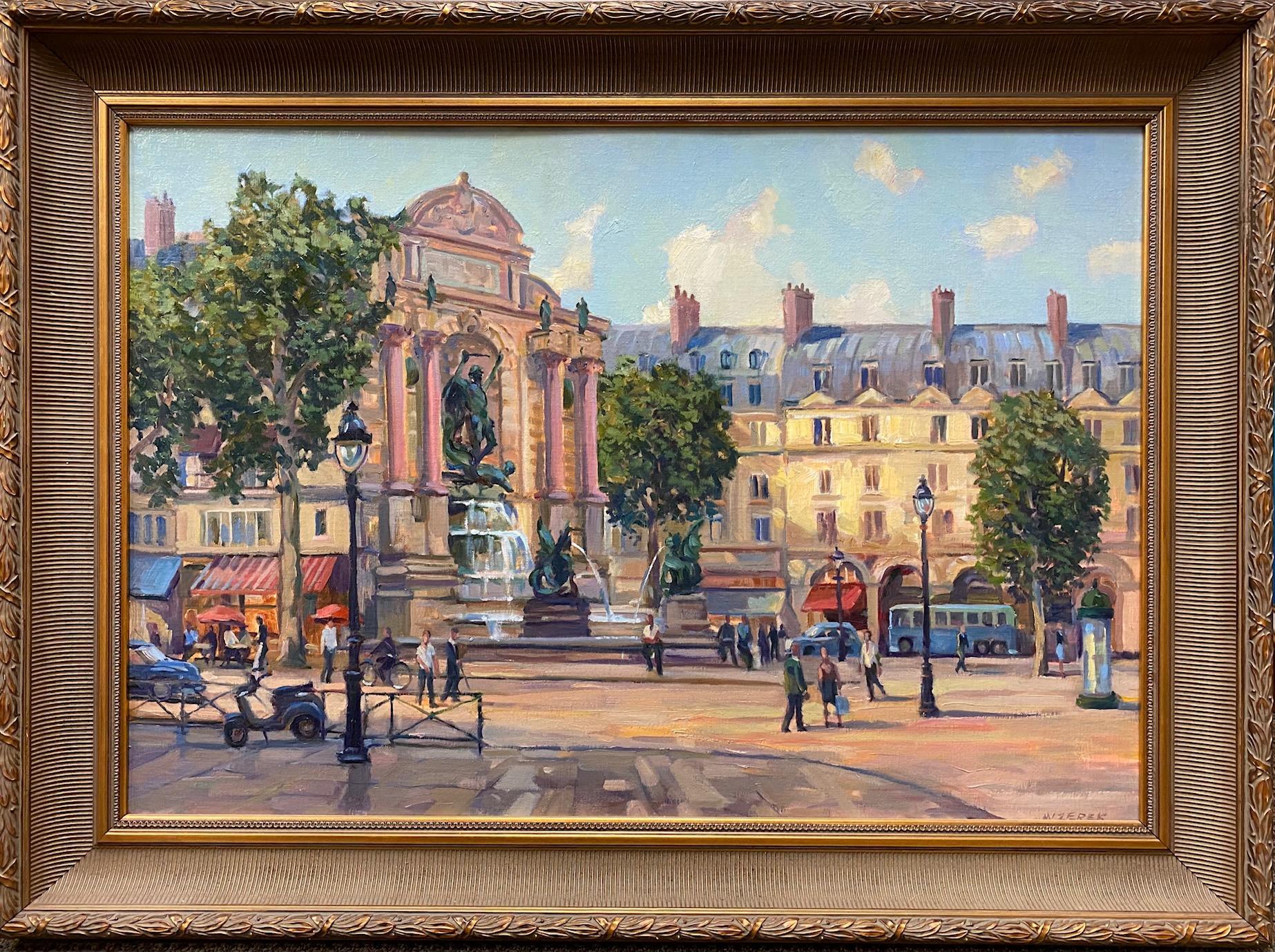 Leonard Mizerek Landscape Painting - The Fountain at Place St. Michel, Paris, 24x35 original Impressionist landscape