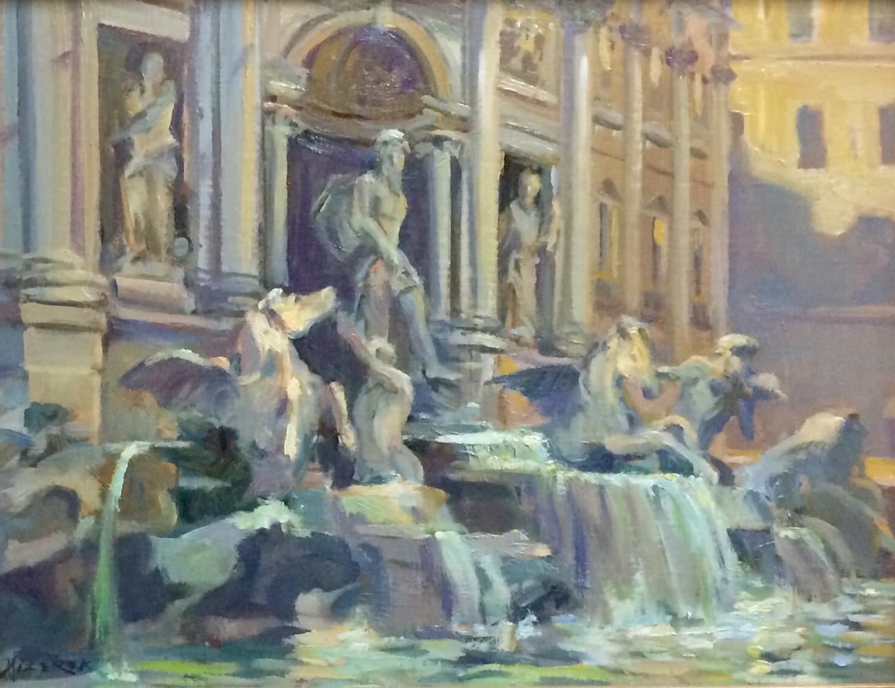Trevi Fountain, original impressionist Italian landscape - Painting by Leonard Mizerek