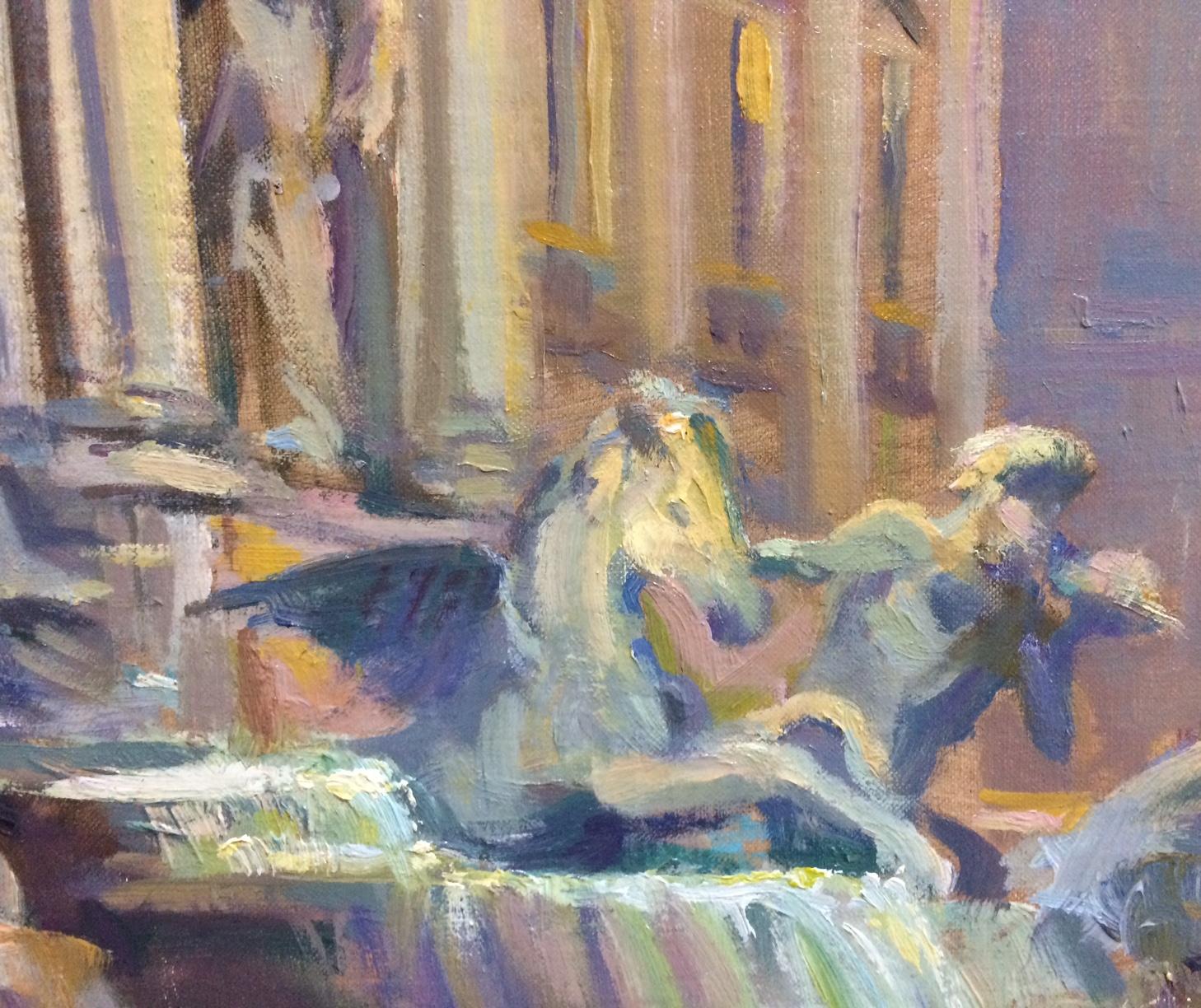 The subtelty of the pastel coloration of the brush strokes in this impressionistic depiction of the renowned Trevi Fountain of Rome, Italy, couples majestically with the strong, intentional brush strokes which add motion and depth to this original