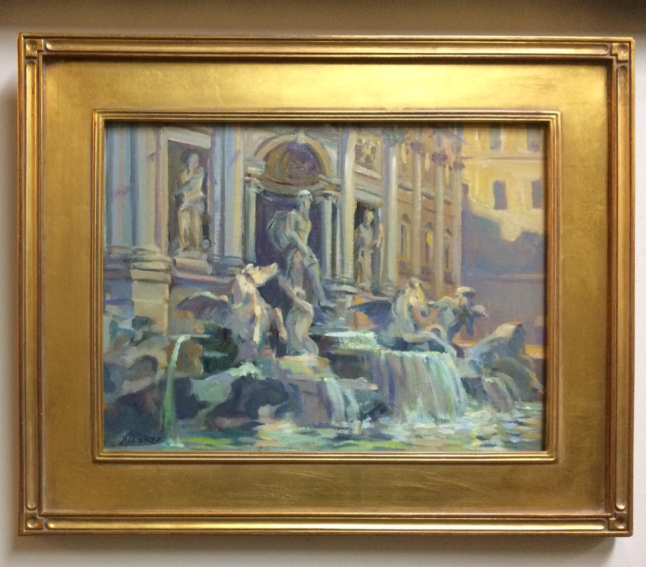 Leonard Mizerek Figurative Painting - Trevi Fountain, original impressionist Italian landscape