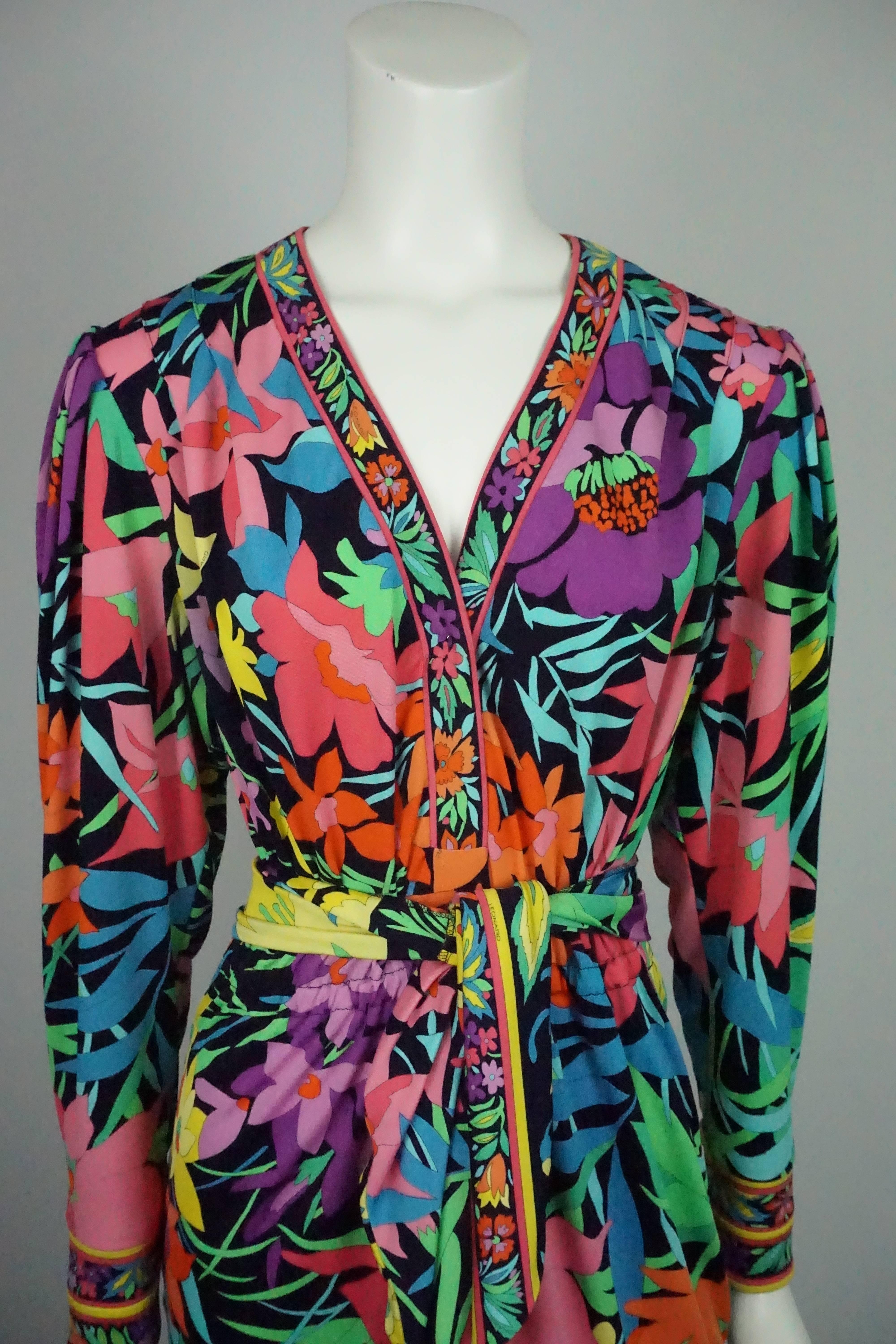 Leonard Multi Floral Print Three-Quarter Sleeve Dress With Sash In Excellent Condition In West Palm Beach, FL