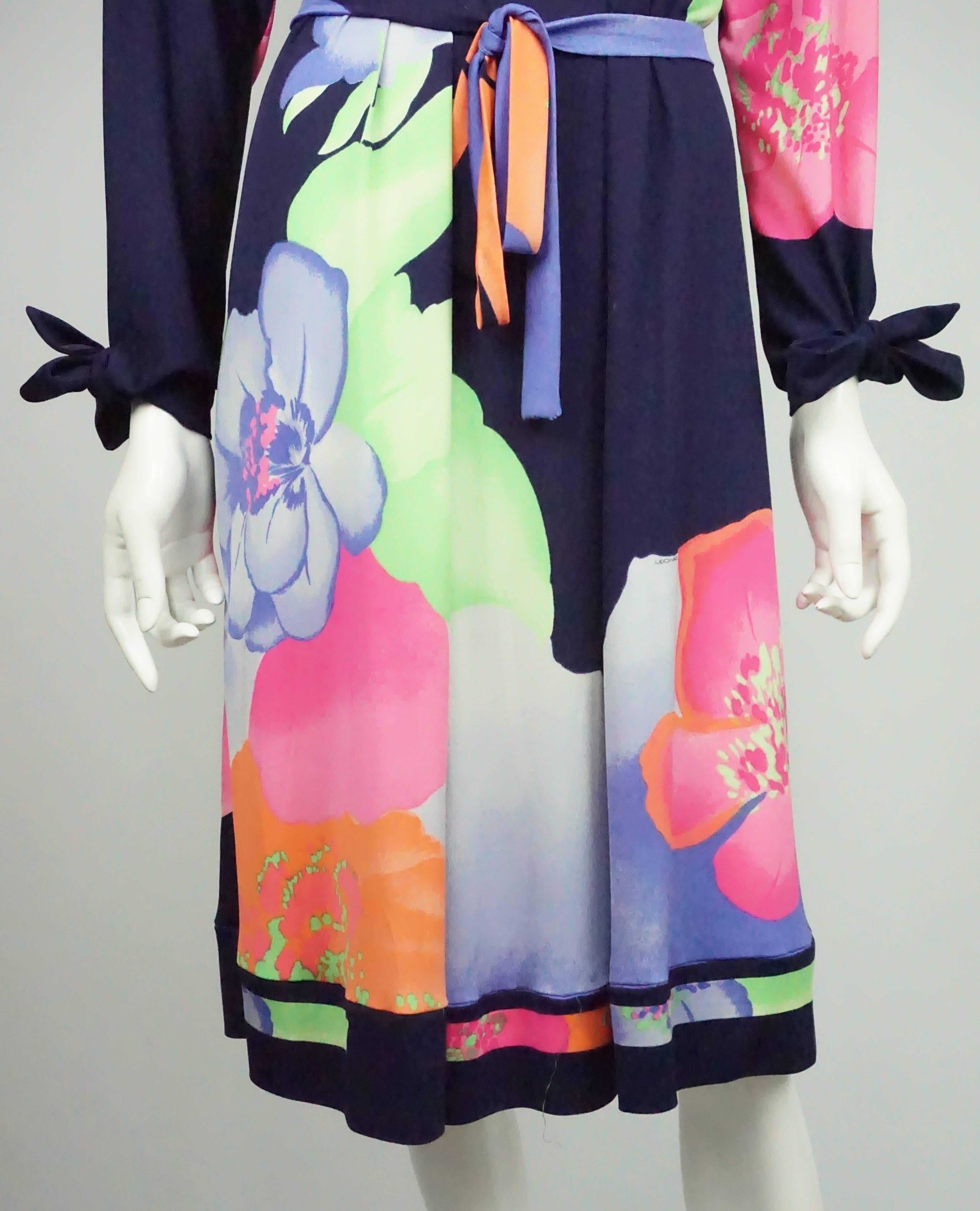 Leonard Navy and Floral Print Dress  In Excellent Condition In West Palm Beach, FL