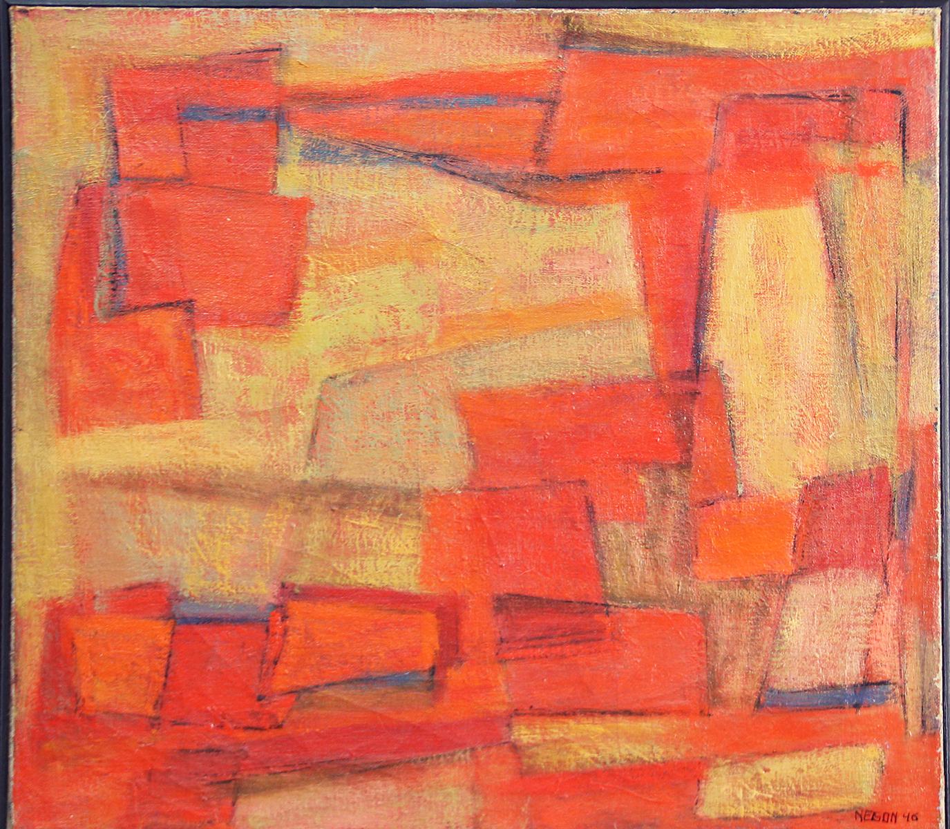 "Orange Abstract" by Leonard Nelson is an 18" x 20" oil on canvas abstract painting. It comes from a Private Collection in West Chester, Pennsylvania. The painting is unframed, signed and dated "Nelson 46" on the lower right. Additional shipping