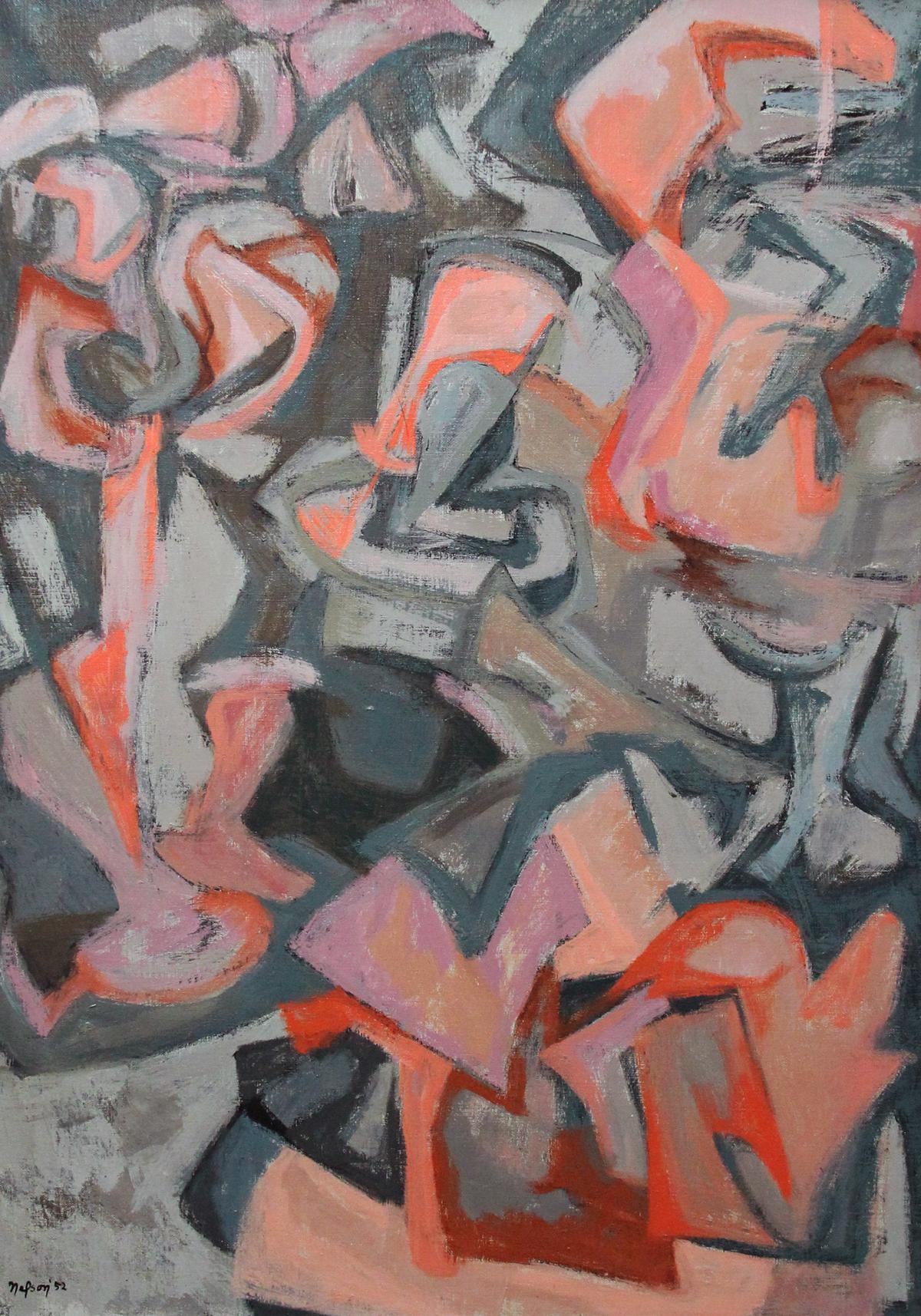 Les Competiteurs, American Modernist, Abstract Figurative Oil on Canvas, 1952 - Painting by Leonard Nelson