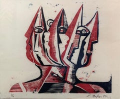 Leonard Nelson, "Three Figures in Red", Woodblock Print, 1947, Signed