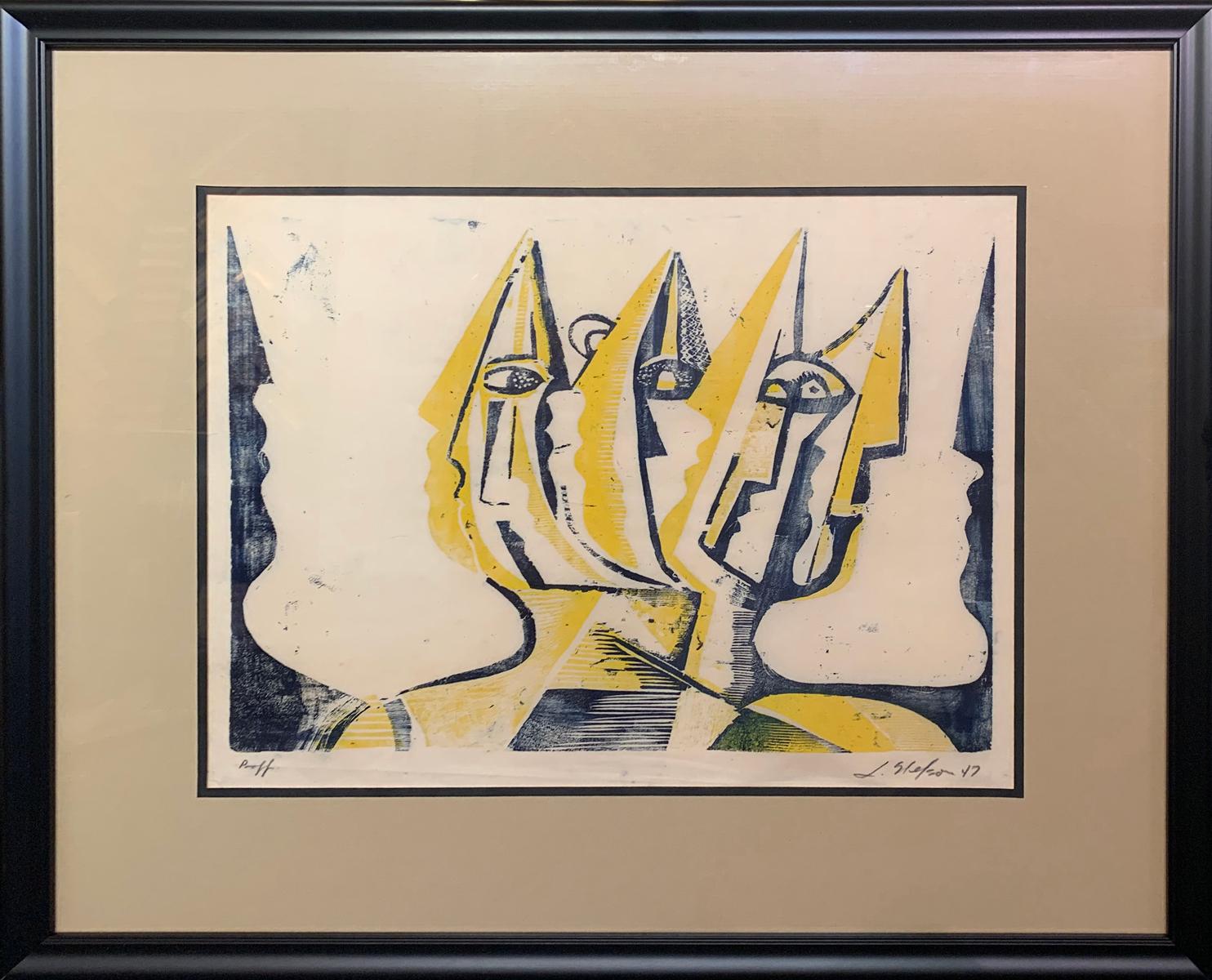 "Three Figues" by Leonard Nelson is an original 13" x 17" woodblock print from 1947.  It is signed "L Nelson 47" in the lower right, and it comes from a private collection in New Hope, Pennsylvania. Additional shipping options and quotes by the