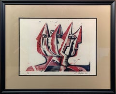 Three Figures, Abstract Figurative Art, Woodblock Print in Red, Signed, 1947