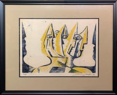 Drei Figuren, abstrakte figurative Kunst, Gelbholzschnitt in Holzschnitt, signiert, 1947