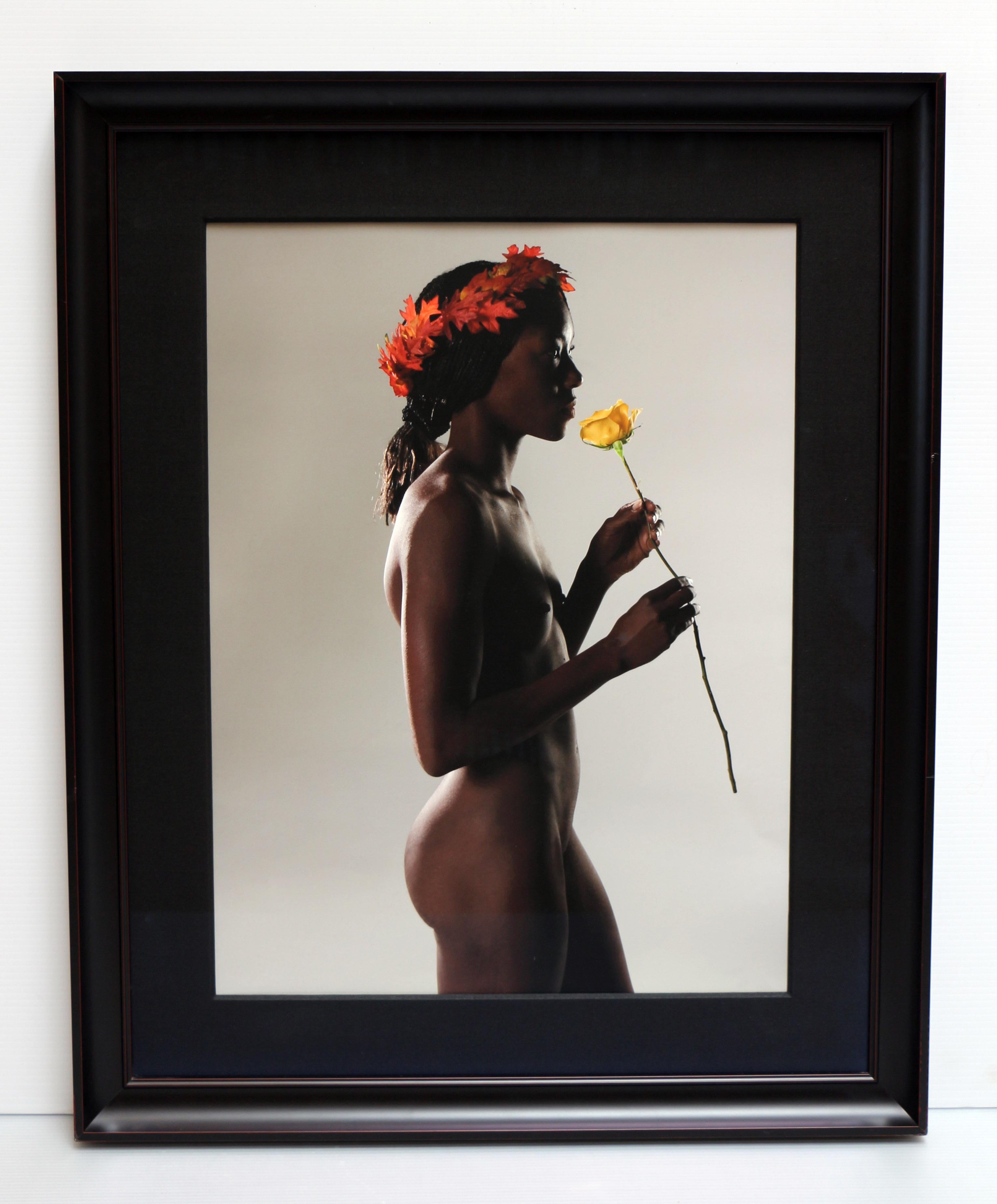 Shaela II, digital print of nude woman holding flower wearing flower crown - Photograph by Leonard Nimoy