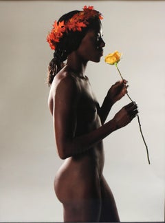 Shaela II, digital print of nude woman holding flower wearing flower crown