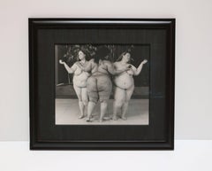 Three Graces, black and white print of three nude women with apples