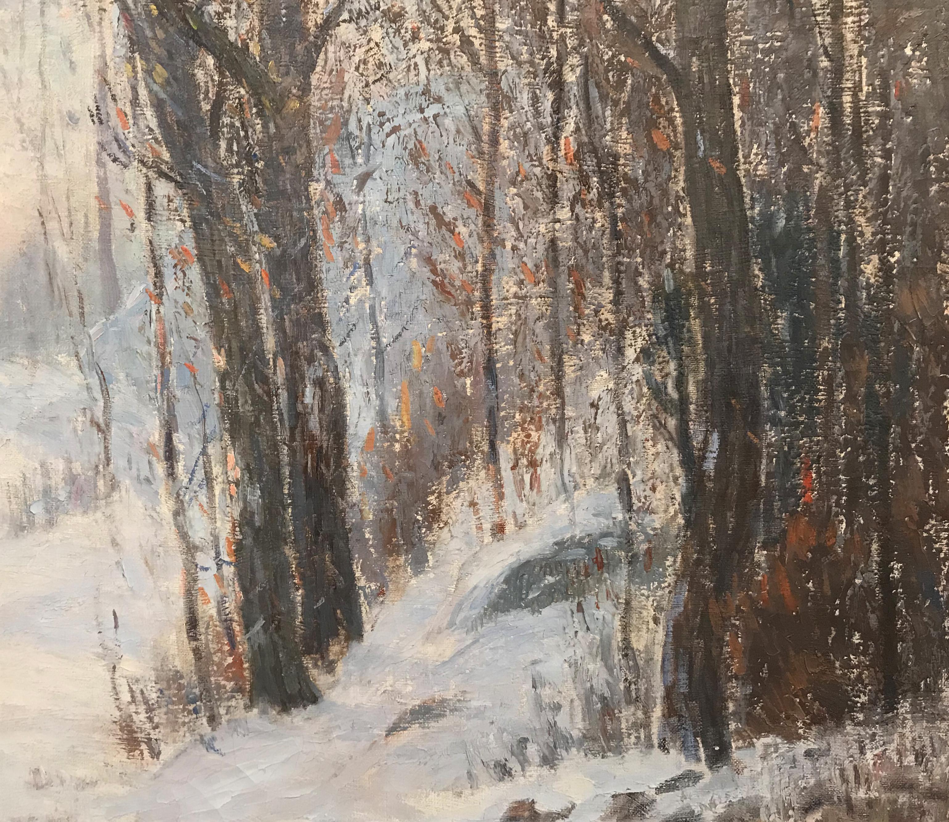 La lumière du soleil à travers les arbres - Marron Landscape Painting par Leonard Ochtman