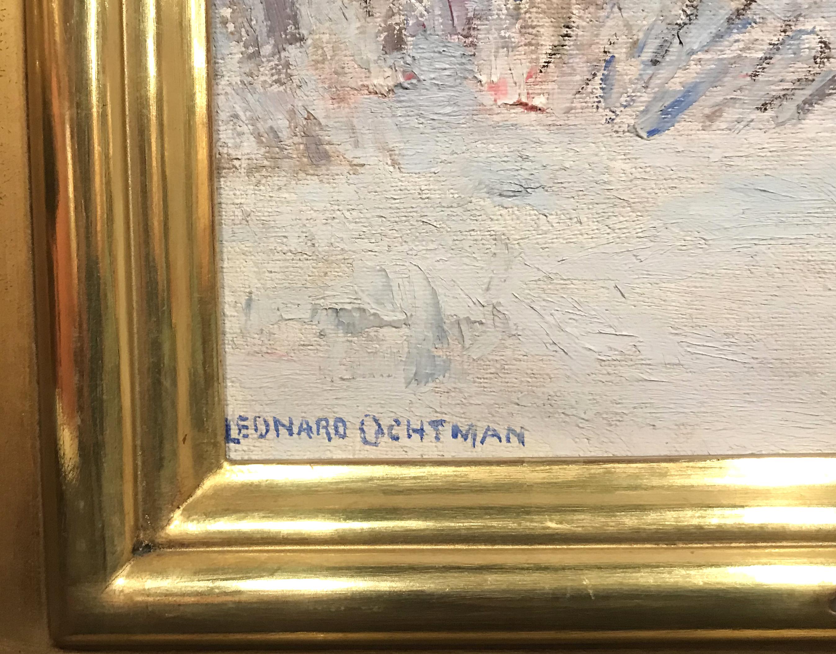 Un paysage d'hiver impressionniste avec le soleil à travers les arbres par l'artiste néerlandais / américain Leonard Ochtman (1854-1934). Ochtman est né à Zonnemain, en Hollande, et a déménagé en Amérique en 1866 pour vivre avec ses parents à