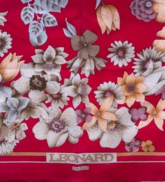 Leonard Paris Vintage 100% silk scarf, floral on red ground. Excellent condition