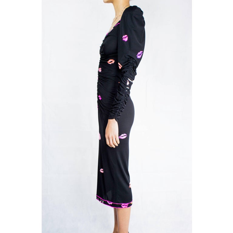Léonard of Paris black and pink surrealist lips print silk dress, circa 1980 In Excellent Condition In London, GB