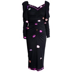 Léonard of Paris black and pink surrealist lips print silk dress, circa 1980