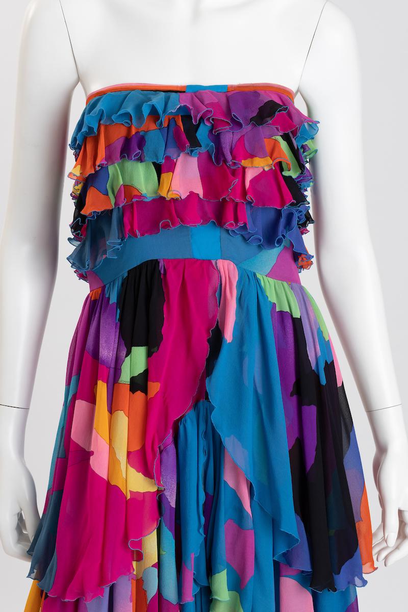 Leonard of Paris Fuschia Mehrfarbiges Seiden Chiffon Trägerloses Kleid (Grau) im Angebot