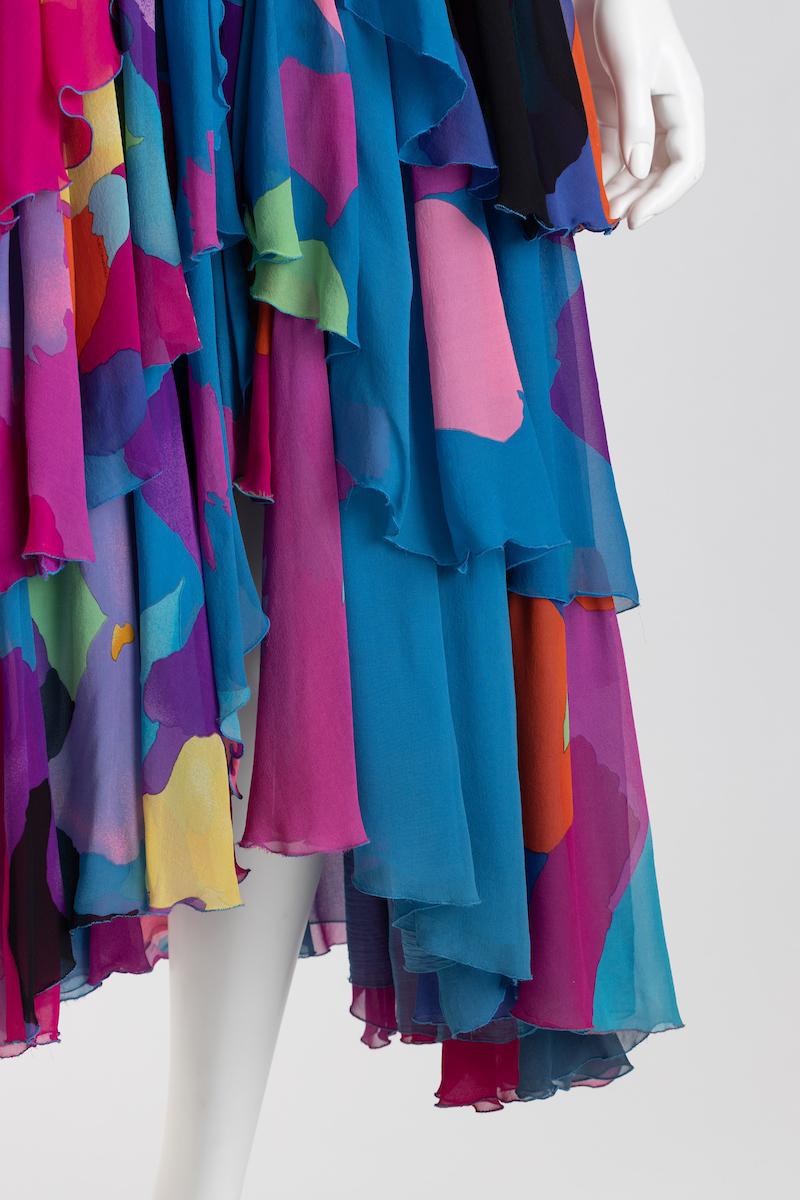 Leonard of Paris Fuschia Multi Color Silk Chiffon Strapless Gown In Good Condition For Sale In New York, NY
