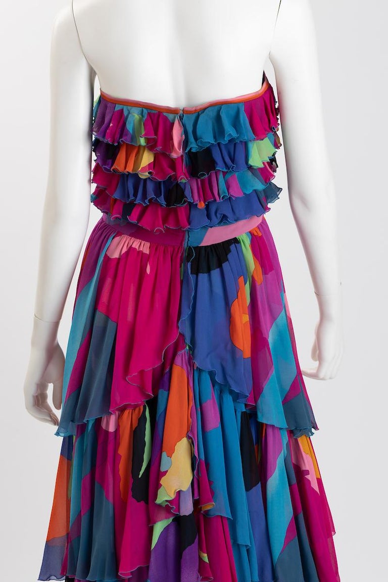 Leonard of Paris Fuschia Multi Color Silk Chiffon Strapless Gown For Sale 3