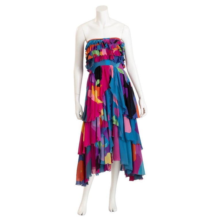 Leonard of Paris Fuschia Multi Color Silk Chiffon Strapless Gown For Sale