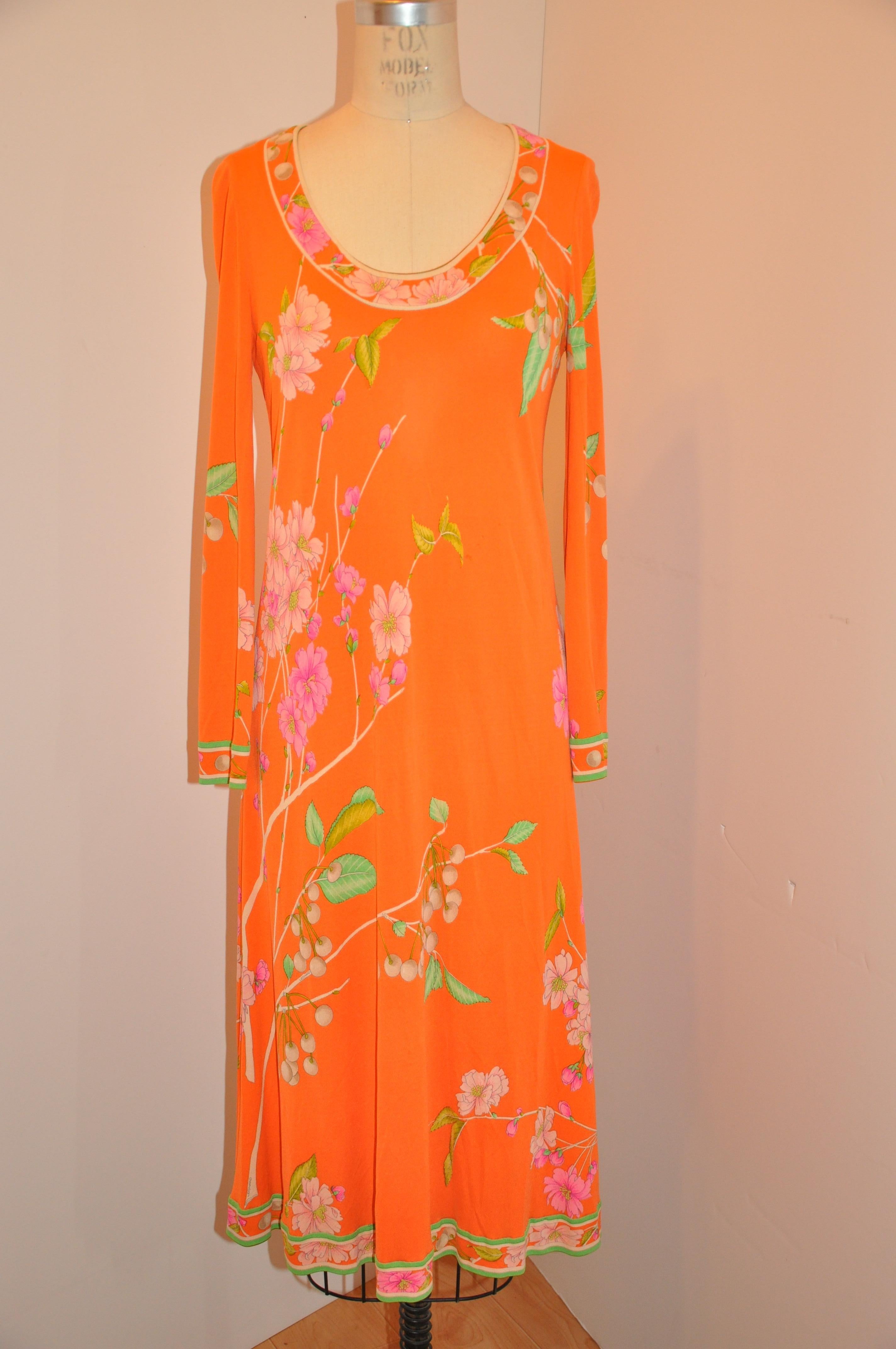 Leonard of Paris Lovely Powder-Tangerine Floral Print Zippered-Back Jersey Dress For Sale 5