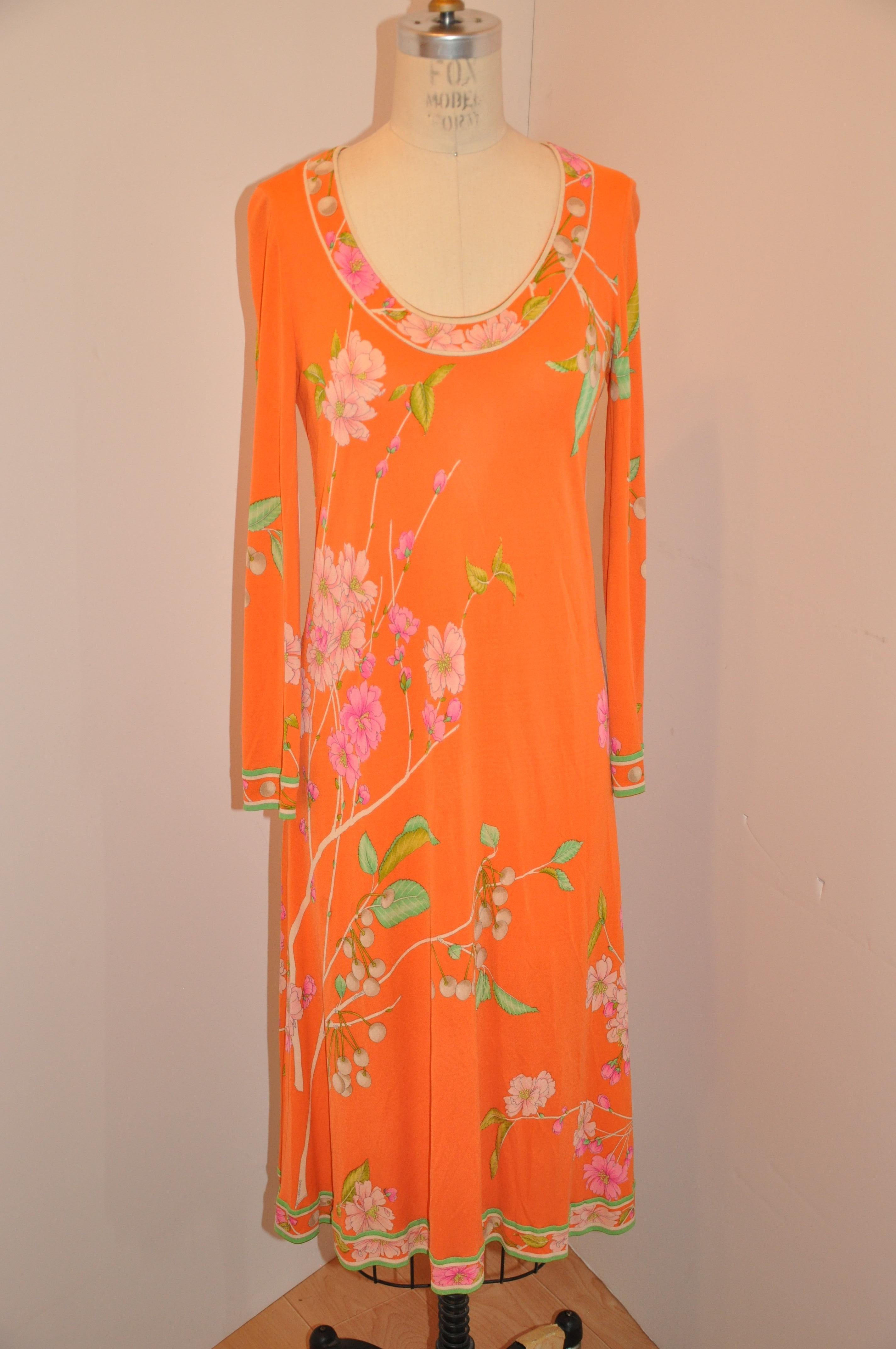 Leonard of Paris Lovely Powder-Tangerine Floral Print Zippered-Back Jersey Dress For Sale 6