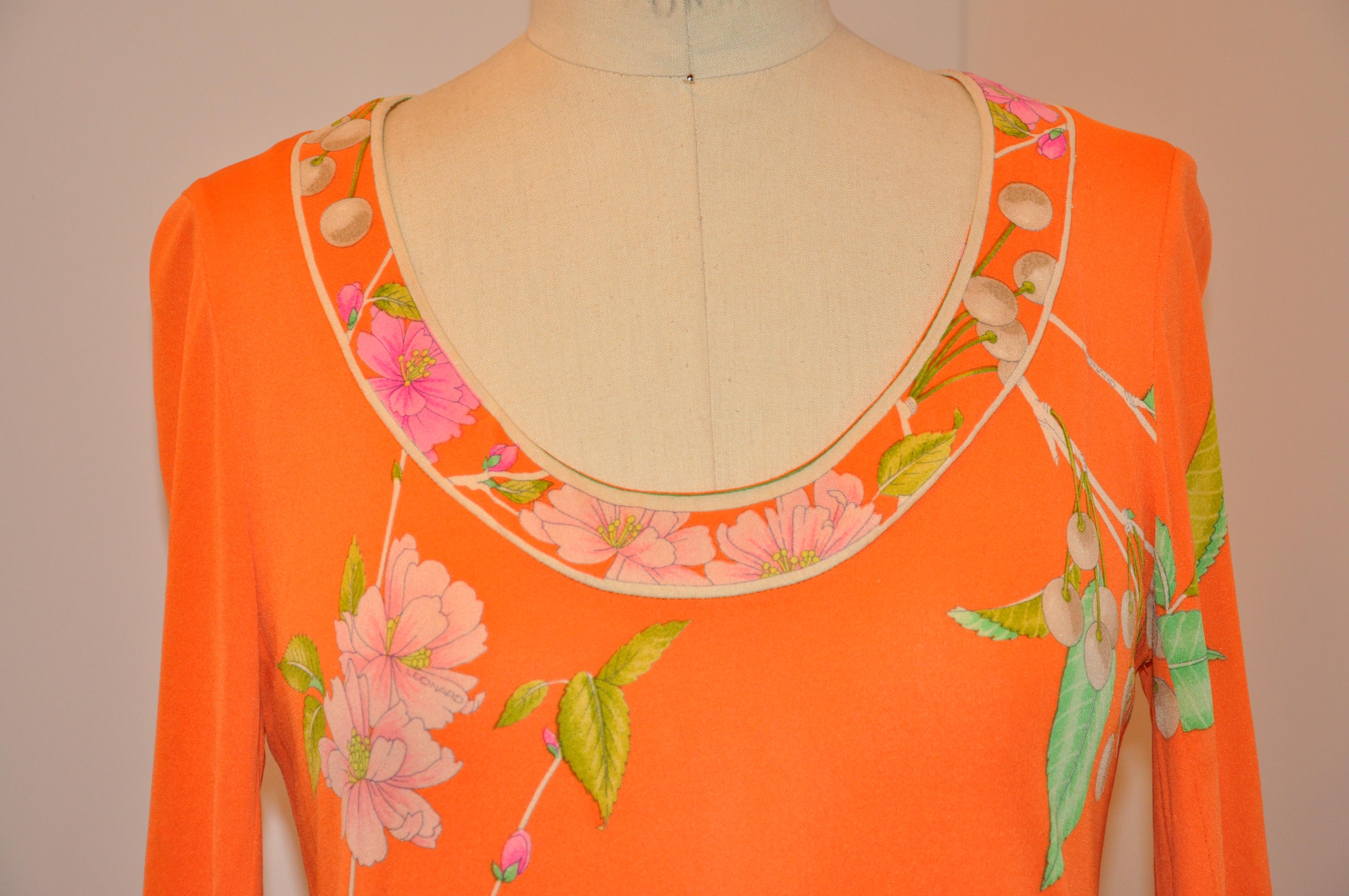 Orange Leonard of Paris Lovely Powder-Tangerine Floral Print Zippered-Back Jersey Dress For Sale