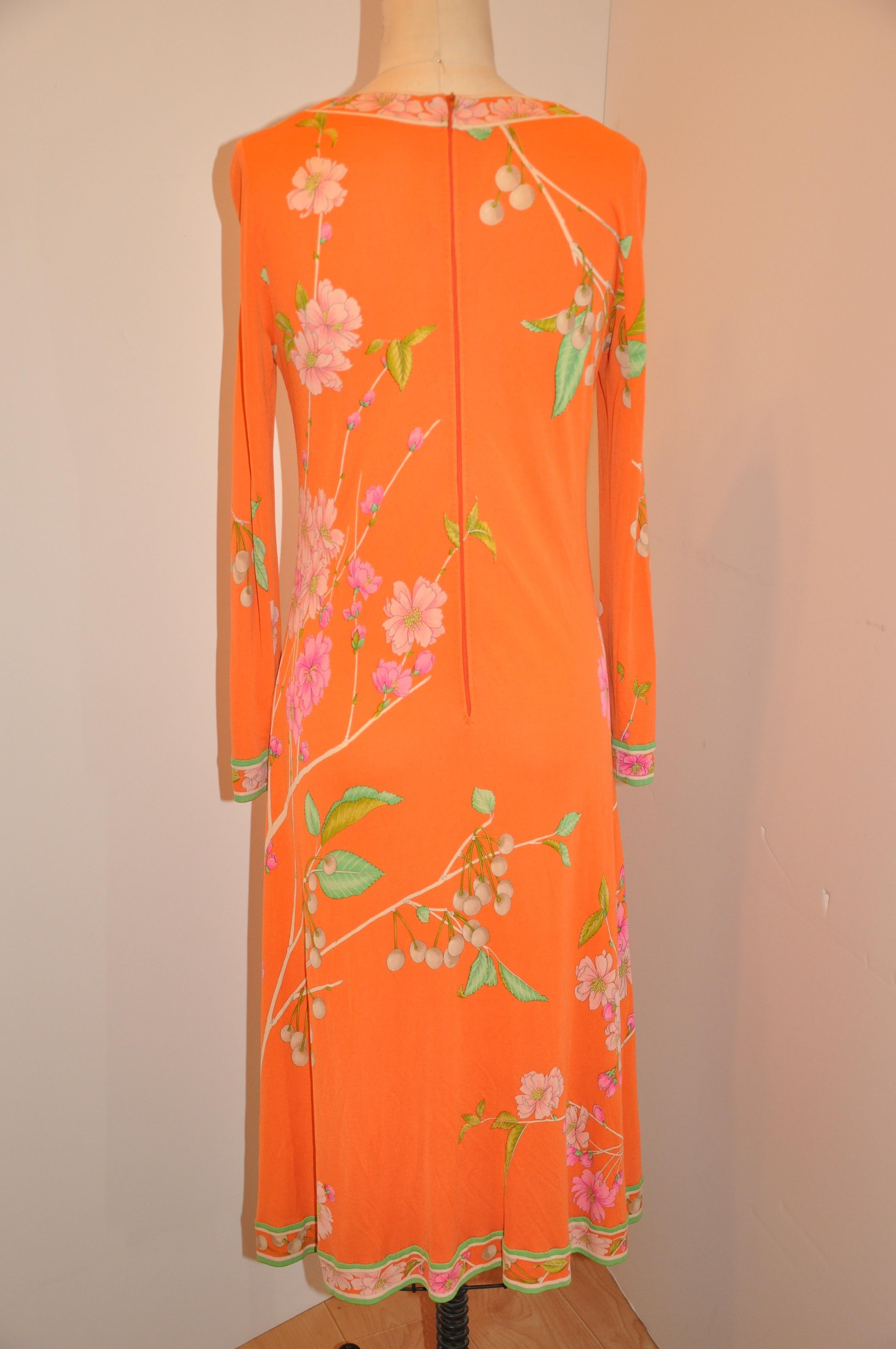 Leonard of Paris Lovely Powder-Tangerine Floral Print Zippered-Back Jersey Dress For Sale 1