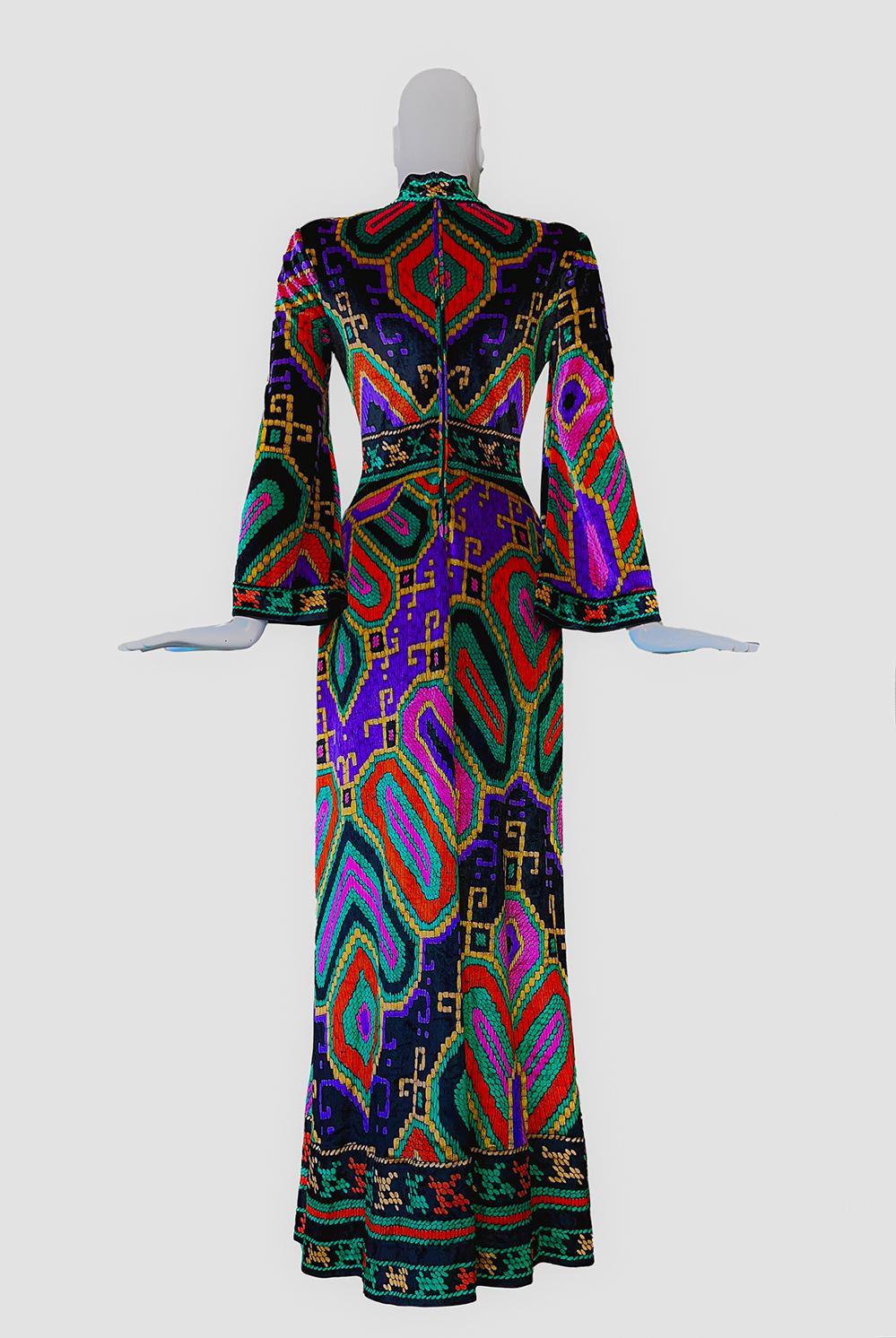 Women's Leonard Paris 1970 Luxury Couture Maxi Dress 70s Silk Velvet Gown For Sale