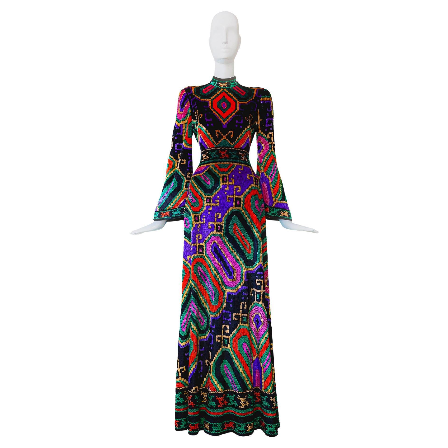 Leonard Paris 1970 Luxury Couture Maxi Dress 70s Silk Velvet Gown For Sale