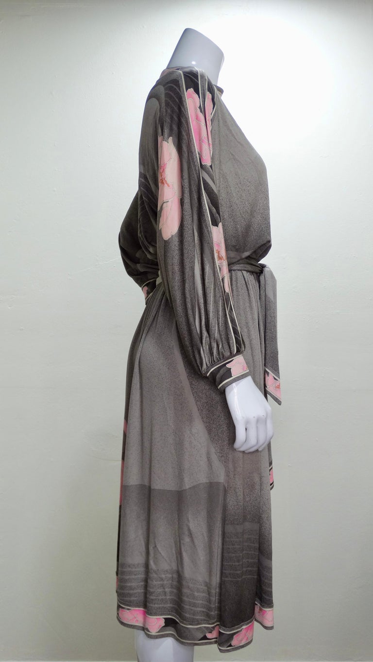 Gray Leonard Paris 1970s Floral Print Silk Jersey Dress  For Sale