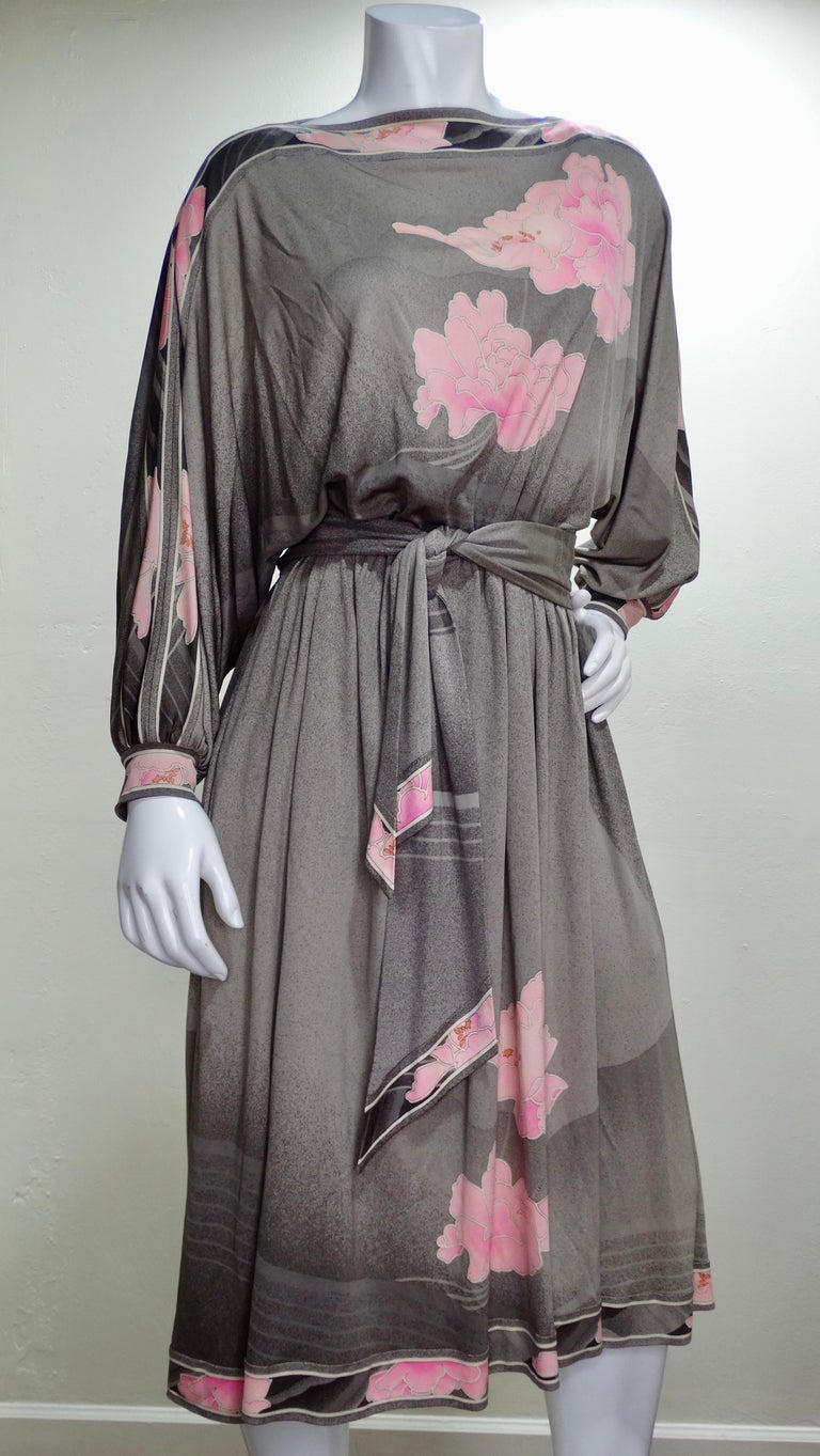 Leonard Paris 1970s Floral Print Silk Jersey Dress  For Sale 1