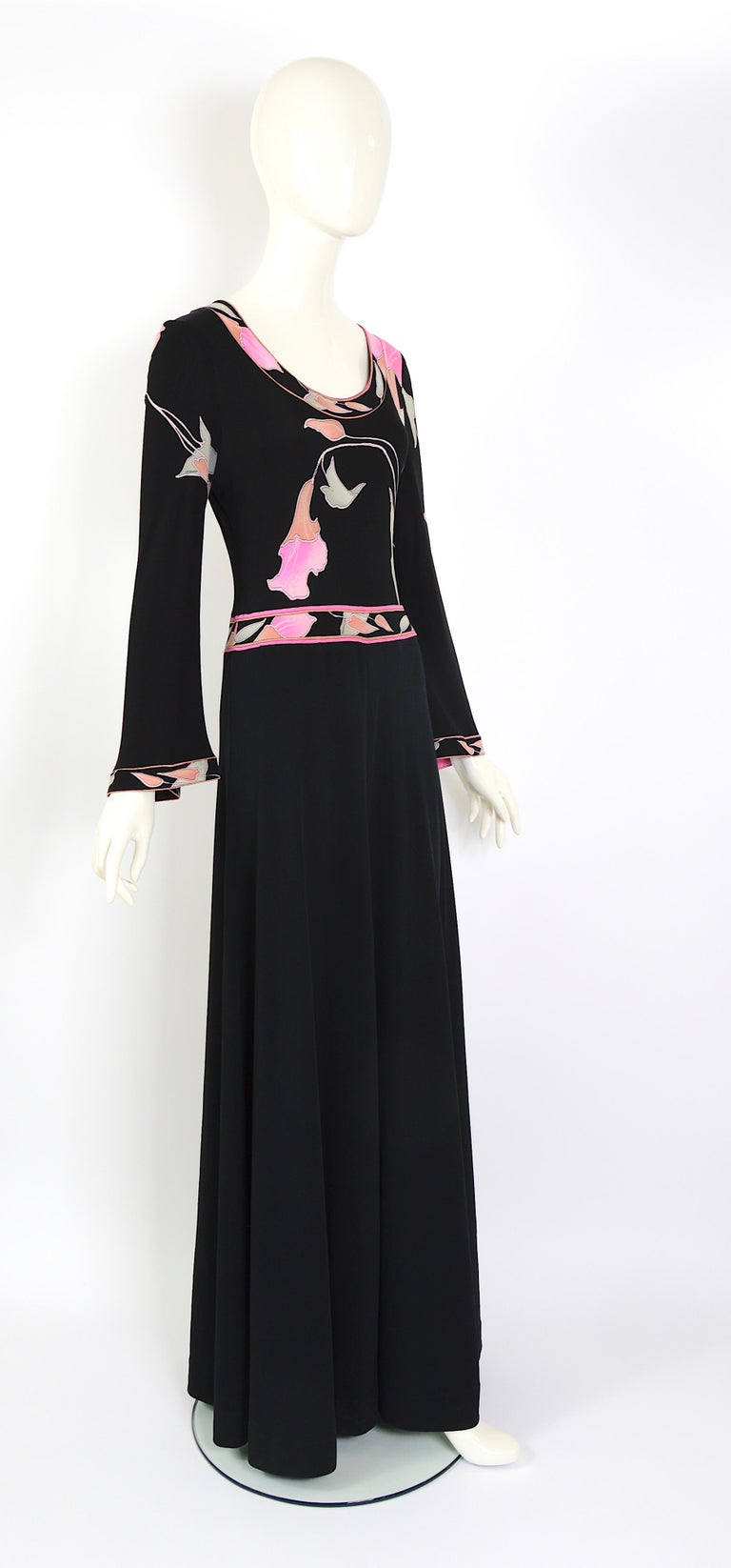 Leonard Paris 1970s vintage signed 100% silk jersey floral print maxi dress For Sale 3